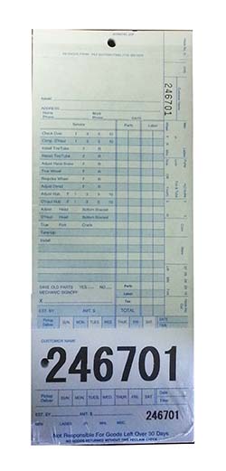 Bicycle Shop Repair Tags w/Carbon Copy, Serial Number